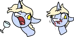 Size: 462x237 | Tagged: semi-grimdark, artist:nootaz, derpibooru import, oc, oc:nootaz, pony, unicorn, :|, blood, bust, derp, eating, female, floppy ears, freckles, glass, grimderp, mare, nom, open mouth, simple background, solo, tongue out, transparent background, wide eyes, wine glass