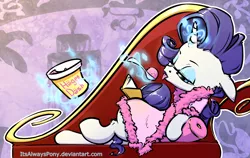 Size: 3000x1900 | Tagged: safe, artist:itsalwayspony, derpibooru import, rarity, pony, unicorn, bathrobe, book, clothes, fainting couch, female, food, furniture, glowing horn, horn, häagen-dazs, ice cream, implied pun, implied rainbow dash, magic, mare, robe, spoon, telekinesis