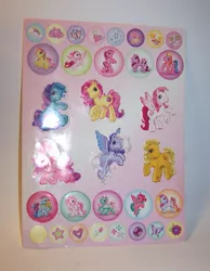 Size: 529x680 | Tagged: safe, derpibooru import, butterscotch (g3), daybreak (character), desert rose, minty, rainbow dash (g3), rarity (g3), royal bouquet, skywishes, star surprise, sunny daze (g3), earth pony, pegasus, pony, unicorn, cutie mark, female, g3, irl, mare, merchandise, photo, sticker, twinkle bloom, unknown pony