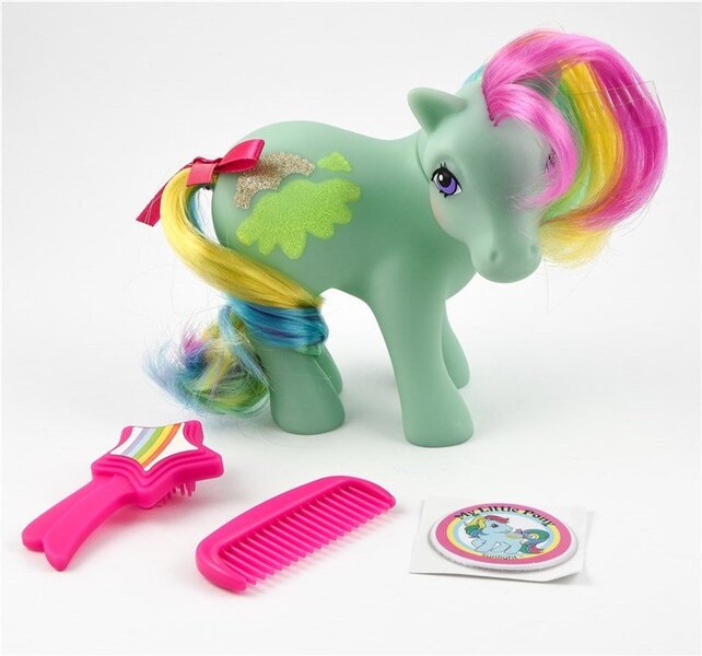 Size: 800x748 | Tagged: safe, derpibooru import, sunlight (g1), earth pony, pony, 35th anniversary, basic fun!, brush, comb, female, g1, irl, mare, photo, solo, sticker, the bridge direct, toy