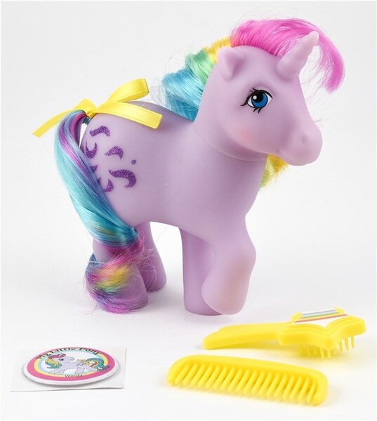 Size: 716x800 | Tagged: safe, derpibooru import, windy (g1), pony, unicorn, 35th anniversary, basic fun!, brush, comb, female, g1, irl, mare, photo, solo, sticker, the bridge direct, toy