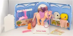 Size: 800x395 | Tagged: safe, derpibooru import, peachy, twinkles, pony, 35th anniversary, basic fun!, bridle, brush, comb, female, g1, hat, irl, mare, photo, playset, pretty parlor, saddle, solo, sticker, tack, the bridge direct, toy