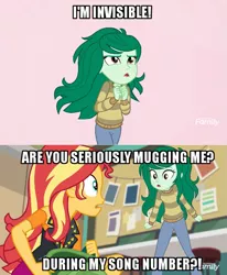 Size: 633x768 | Tagged: safe, derpibooru import, sunset shimmer, wallflower blush, equestria girls, equestria girls series, forgotten friendship, caption, freckles, image macro, invisible (song), meme, text
