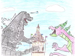 Size: 833x627 | Tagged: artist:darthlord1997, colored pencil drawing, derpibooru import, dragon, fight, godzilla, godzilla (series), kaiju, male, roar, safe, spike, spikezilla, traditional art