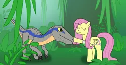 Size: 1944x1008 | Tagged: safe, artist:kylgrv, derpibooru import, fluttershy, dinosaur, pegasus, pony, velociraptor, blue (raptor), boop, crossover, duo, eyes closed, female, head tilt, jungle, jurassic world, jurassic world: fallen kingdom, mare, nature, petting, smiling, this will end in death, this will end in tears, this will end in tears and/or death