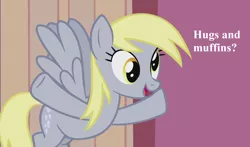 Size: 1836x1080 | Tagged: bowling alley, bronybait, cropped, cute, derpabetes, derpibooru import, derpy hooves, edit, edited screencap, hug request, safe, screencap, slice of life (episode), text