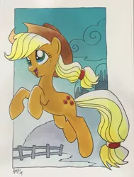 Size: 2150x2839 | Tagged: applejack, applejack's hat, artist:tonyfleecs, cowboy hat, derpibooru import, fence, hat, safe, solo