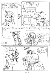 Size: 2101x3080 | Tagged: artist:oneovertwo, comic, comic:eventide & evenfall comic, derpibooru import, female, mother and child, mother and daughter, newspaper, oc, oc:evenfall, oc:eventide, oc:glimmer, offspring, parent:sunset shimmer, safe, satyr, twilight sparkle