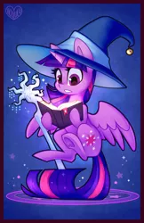 Size: 582x900 | Tagged: safe, artist:meekcheep, derpibooru import, twilight sparkle, twilight sparkle (alicorn), alicorn, pony, book, fantasy class, female, hat, mage, mare, solo, staff, underhoof, wizard hat