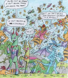 Size: 854x978 | Tagged: safe, artist:kuroneko, derpibooru import, pharynx, princess ember, sting (g1), thorax, changedling, changeling, dragon, insect, wasp, g1, aviator goggles, changeling king, colored pencil drawing, dragoness, embrax, eyepatch, female, fight, fire, fire breath, g1 to g4, generation leap, goggles, interspecies, king thorax, magic, male, prince pharynx, raised hoof, rearing, shipping, speech bubble, story included, straight, swarm, traditional art