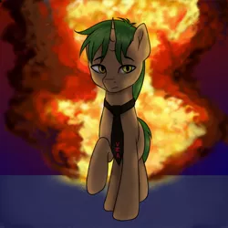 Size: 2160x2160 | Tagged: safe, artist:romablueberry, derpibooru import, oc, unofficial characters only, pony, unicorn, cool guys don't look at explosions, explosion, male, necktie, solo, stallion