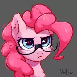 Size: 2000x2000 | Tagged: safe, artist:inowiseei, derpibooru import, pinkie pie, earth pony, pony, :<, bust, chest fluff, cute, diapinkes, ear fluff, female, fluffy, glare, glasses, gray background, mare, pinkie specks, ponk, portrait, pouting, serious, serious face, simple background, solo, sparkles, starry eyes, when she doesn't smile, wingding eyes