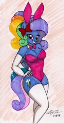 Size: 966x1860 | Tagged: anthro, artist:newyorkx3, breasts, bunny ears, bunny suit, clothes, derpibooru import, female, g3, generation leap, hand on hip, leotard, mare, model, modeling, rainbow dash always dresses in style, rainbow dash (g3), smiling, solo, solo female, suggestive, traditional art