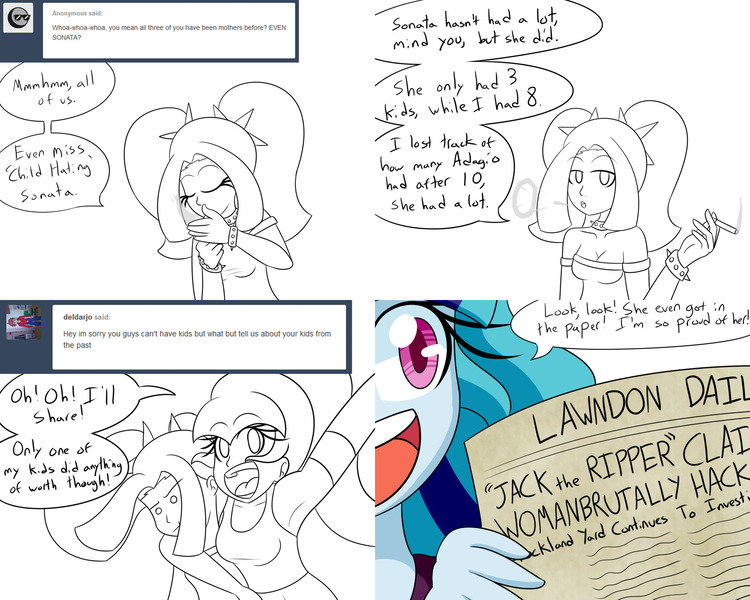 Size: 2000x1600 | Tagged: semi-grimdark, artist:jake heritagu, derpibooru import, aria blaze, sonata dusk, comic:aria's archives, equestria girls, adagio dazzle gets around, breasts, cigarette, clothes, comic, jack the ripper, newspaper, smoking