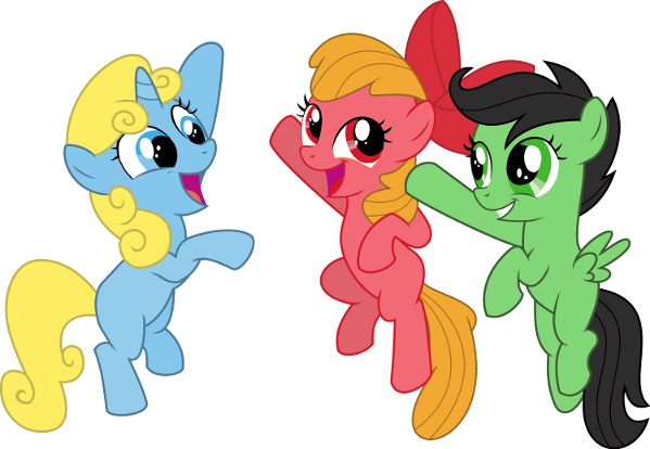 Size: 599x414 | Tagged: apple bloom, artist:sonicrainboomgirl, blossom (powerpuff girls), bubbles (powerpuff girls), buttercup (powerpuff girls), cutie mark crusaders, derpibooru import, recolor, role play, safe, scootaloo, simple background, sweetie belle, the powerpuff girls, transparent background