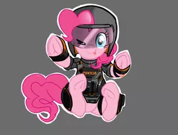 Size: 4096x3112 | Tagged: safe, artist:theprince, derpibooru import, pinkie pie, earth pony, pony, female, frog (hoof), looking at you, mira, one eye closed, rainbow six siege, riot gear, simple background, solo, tongue out, underhoof, wink