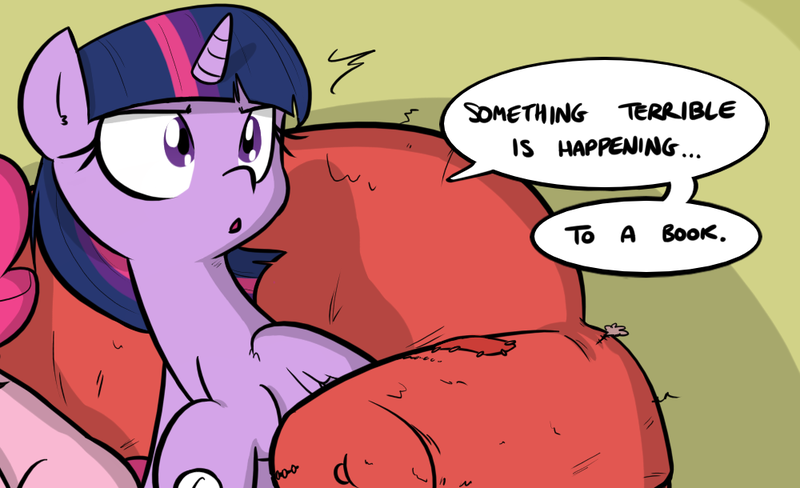 Size: 1000x610 | Tagged: safe, artist:shoutingisfun, derpibooru import, edit, pinkie pie, twilight sparkle, twilight sparkle (alicorn), alicorn, earth pony, pony, comic:the little match filly, anon's couch, book, book sense, bookhorse, comic, couch, cropped, dialogue, duo, esp, female, mare, reaction image, solo focus, speech bubble, that pony sure does love books, twilight sense