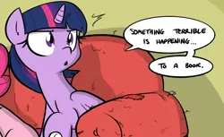 Size: 1000x610 | Tagged: safe, artist:shoutingisfun, derpibooru import, edit, pinkie pie, twilight sparkle, twilight sparkle (alicorn), alicorn, earth pony, pony, comic:the little match filly, anon's couch, book, book sense, bookhorse, comic, couch, cropped, dialogue, duo, esp, female, mare, reaction image, solo focus, speech bubble, that pony sure does love books, twilight sense