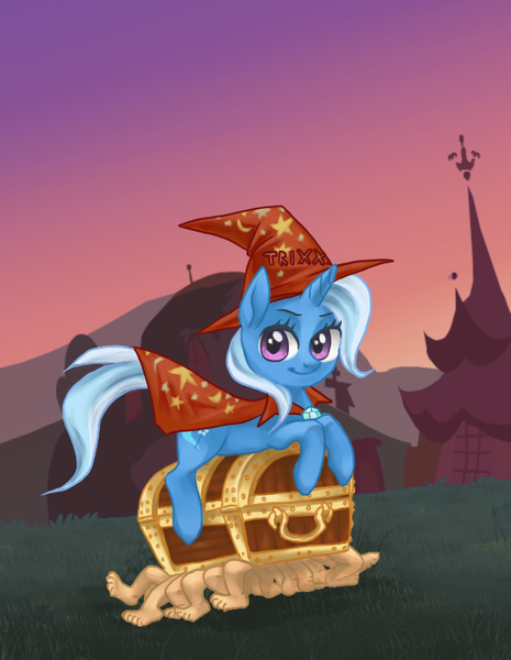 Size: 564x727 | Tagged: artist:bikkisu, crossover, derpibooru import, discworld, don't trust wheels, rincewind, safe, the luggage, trixie