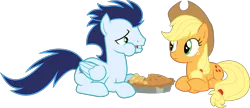 Size: 6123x2654 | Tagged: safe, artist:chainchomp2 edit, artist:redpandapony, derpibooru import, edit, editor:slayerbvc, applejack, soarin', earth pony, pegasus, pony, apple, apple pie, eating, female, food, male, mare, pie, prone, puffy cheeks, simple background, stallion, that pony sure does love pies, transparent background, vector