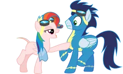 Size: 8799x5318 | Tagged: safe, artist:chrzanek97, derpibooru import, edit, editor:slayerbvc, vector edit, rainbow dash, soarin', pegasus, pony, newbie dash, absurd resolution, bald, bedroom eyes, casual nudity, clothed male nude female, clothes, female, furless, furless edit, goggles, male, mare, no shame, nude edit, nudity, plucked, rainbow fash, raised hoof, shaved, shaved tail, simple background, squishy chest, stallion, towel, transparent background, uniform, vector, wonderbolts uniform