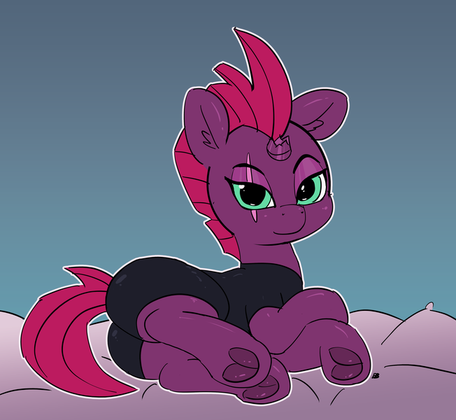 1998235 - safe, artist:pabbley, derpibooru import, tempest shadow, pony, unicorn, my little pony: the movie, broken horn, eye scar, female, frog ( hoof), hoofbutt, horn, looking at you, lying down, mare, pillow, scar,
