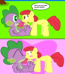 Size: 1032x1179 | Tagged: safe, alternate version, artist:tagman007, derpibooru import, apple bloom, spike, apple bloom's bow, blank flank, blushing, bow, cute, female, grass, hair bow, heart, kiss on the lips, kissing, love, male, shipping, spikebloom, straight