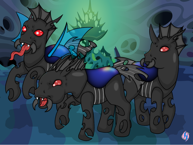 Size: 920x690 | Tagged: safe, artist:princesshighmist, derpibooru import, changeling, alternate design, changeling hive, chrysalis' throne, g1, g4, g4 to g1, generation leap, long tongue, mandibles, red eyes, reimagine, tongue out, trio