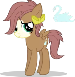 Size: 644x661 | Tagged: safe, artist:mlp-trailgrazer, derpibooru import, oc, oc:frail feather, pegasus, pony, bald face, blaze (coat marking), bow, cutie mark, facial markings, hair bow, offspring, parent:fluttershy, parent:troubleshoes clyde, parents:troubleshy, simple background, solo, teenager, transparent background