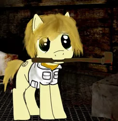 Size: 662x679 | Tagged: semi-grimdark, artist:boushi33, derpibooru import, ponified, earth pony, pony, blood, clothes, female, heather mason, lead pipe, mare, mouth hold, pipe (plumbing), silent hill, solo, vest, weapon