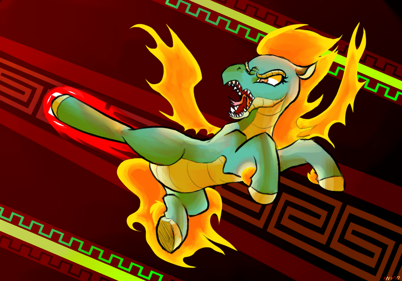 Size: 1200x840 | Tagged: safe, artist:invertigo, derpibooru import, tianhuo, dragon, hybrid, longma, them's fightin' herds, community related, female, fire, mane of fire, open mouth, solo, tongue out, wallpaper