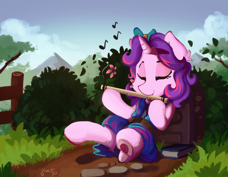 Size: 900x698 | Tagged: safe, artist:saxopi, derpibooru import, ponified, pony, unicorn, abigail (stardew valley), cute, flute, musical instrument, solo, stardew valley