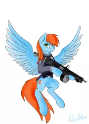 Size: 3600x5000 | Tagged: safe, artist:jupiter-rainbow, artist:rain bow, derpibooru import, oc, oc:morning star (fallout equestria: star dust), pegasus, pony, fallout equestria, fallout equestria: star dust, fanfic:fallout equestria: star dust, assault shotgun, belt, bulletproof vest, clothes, combat, enclave, energy weapon, fanfic art, female, flying, grand pegasus enclave, gun, large wings, laser rifle, mare, midwestern crusaders, nightstick, researcher, s.t.a.r.s., shotgun, simple background, solo, stars, uniform, wasteland crusaders, weapon, wings
