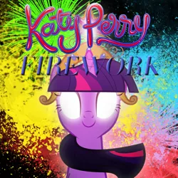 Size: 800x800 | Tagged: safe, artist:pageturner1988, artist:penguinsn1fan, derpibooru import, twilight sparkle, pony, cover, crown, element of magic, firework (song), fireworks, glowing eyes, jewelry, katy perry, parody, regalia, solo, song reference