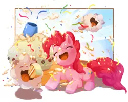 Size: 820x657 | Tagged: safe, artist:oldwu, derpibooru import, pinkie pie, earth pony, pony, swirlix, cake, crossover, cute, female, food, party cannon, pokémon, streamers