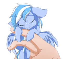 Size: 3000x2700 | Tagged: safe, artist:tlo-arts, derpibooru import, oc, oc:falling skies, unofficial characters only, human, pegasus, pony, blue coat, blue mane, commission, cute, hand, hug, in goliath's palm, micro, ocbetes, tiny, tiny ponies, white mane, ych result