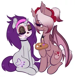 Size: 4108x4191 | Tagged: safe, artist:wickedsilly, derpibooru import, oc, oc:kala vera, oc:wicked silly, unofficial characters only, bat pony, pony, unicorn, absurd resolution, bat pony oc, bat wings, cute, día de muertos, eyes closed, face paint, female, mouth hold, paintbrush, ponysona, simple background, smiling, wings