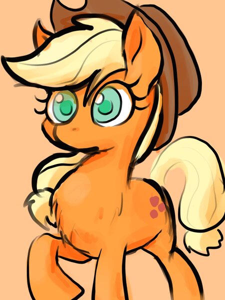 Size: 1535x2048 | Tagged: safe, artist:noupu, derpibooru import, applejack, earth pony, pony, applejack's hat, cowboy hat, female, hat, looking at you, mare, orange background, simple background, solo