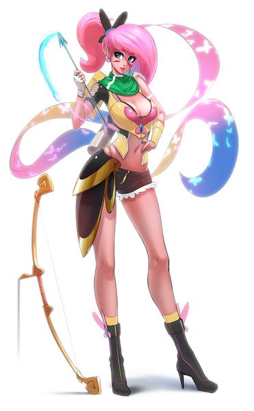 Size: 1207x1952 | Tagged: suggestive, artist:oughta, derpibooru import, fluttershy, bat pony, human, archer, arrow, belly button, big breasts, boots, bow and arrow, bow (weapon), breasts, busty fluttershy, cleavage, clothes, female, flutterbat, high heel boots, high heels, hot pants, humanized, midriff, nail polish, ponytail, race swap, shoes, shorts, simple background, solo, solo female, weapon