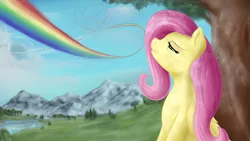 Size: 1920x1080 | Tagged: artist:taggerung, derpibooru import, fluttershy, mountain, mountain range, rainbow dash, rainbow trail, river, safe, solo, sonic rainboom (episode), tree