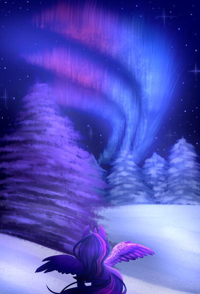 Size: 800x1174 | Tagged: alicorn, artist:cabbage-arts, aurora borealis, derpibooru import, female, mare, night, safe, snow, solo, tree, tree stump, twilight sparkle, twilight sparkle (alicorn)