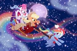 Size: 1800x1200 | Tagged: safe, artist:nanook123, derpibooru import, applejack, pinkie pie, rainbow dash, rarity, earth pony, pegasus, pony, unicorn, applejack's hat, bells, christmas, cowboy hat, female, flying, hat, holiday, it's a pony kind of christmas, jingle bells, mare, moon, rainbow, rainbow trail, santa hat, screaming, sleeping, sleigh, snow, snowfall