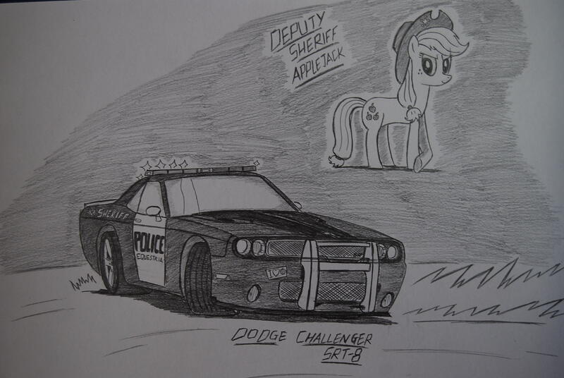 Size: 1936x1296 | Tagged: safe, artist:ricky47, derpibooru import, applejack, earth pony, pony, apple, bumper sticker, car, cowboy hat, crossover, dodge (car), dodge challenger, dodge challenger srt8, drifting, female, food, freckles, hat, monochrome, need for speed, need for speed: hot pursuit, police, police car, sheriff, sheriffjack, sketch, solo, stetson, traditional art