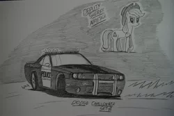 Size: 1936x1296 | Tagged: safe, artist:ricky47, derpibooru import, applejack, earth pony, pony, apple, bumper sticker, car, cowboy hat, crossover, dodge (car), dodge challenger, dodge challenger srt8, drifting, female, food, freckles, hat, monochrome, need for speed, need for speed: hot pursuit, police, police car, sheriff, sheriffjack, sketch, solo, stetson, traditional art