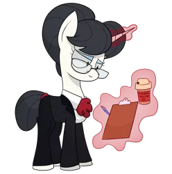 Size: 1285x1296 | Tagged: safe, artist:moonatik, derpibooru import, raven, unicorn, clipboard, clothes, coffee, formal, glasses, hair bun, lidded eyes, loss (meme), magic, pants, pen, shirt, smiling, solo, suit, tail bun