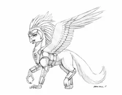 Size: 1400x1094 | Tagged: safe, artist:baron engel, derpibooru import, gryphon, armor, bucky o'hare, female, grayscale, griffonized, jenny, monochrome, open mouth, pencil drawing, raised leg, signature, simple background, solo, species swap, spread wings, traditional art, white background, wings