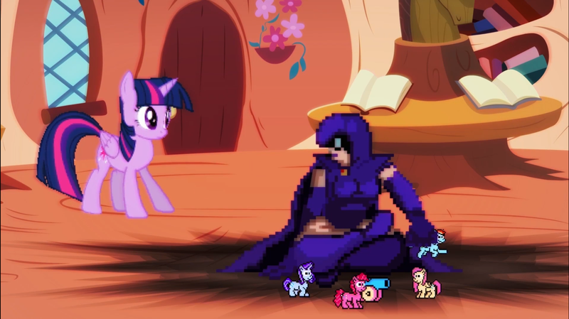 Size: 1768x992 | Tagged: alicorn, confused, death battle, death battle!: raven vs twilight sparkle, derpibooru import, exploitable meme, fluttershy, golden oaks library, meme, party cannon, pinkie pie, pretty pretty pegasus, rainbow dash, rarity, raven (teen titans), safe, twilight sparkle, twilight sparkle (alicorn)