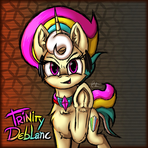 Size: 600x600 | Tagged: safe, artist:calena, derpibooru import, oc, oc:trinity deblanc, unofficial characters only, unicorn, them's fightin' herds, community related, confident, ear piercing, earring, female, frog (hoof), hoofbump, jewelry, multicolored mane, piercing, raised hoof, solo, style emulation, underhoof