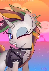 Size: 700x1017 | Tagged: safe, artist:lennonblack, derpibooru import, rarity, pony, it isn't the mane thing about you, alternate hairstyle, ear piercing, female, one eye closed, piercing, punk, raripunk, signature, solo, wink