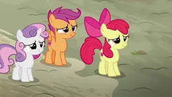 Size: 1280x720 | Tagged: apple bloom, apple bloom's bow, bow, cute, cutie mark, cutie mark crusaders, derpibooru import, grass, hair bow, hard to say anything, rock, safe, scootaloo, screencap, scrunchy face, shadow, spread wings, sweetie belle, the cmc's cutie marks, wings